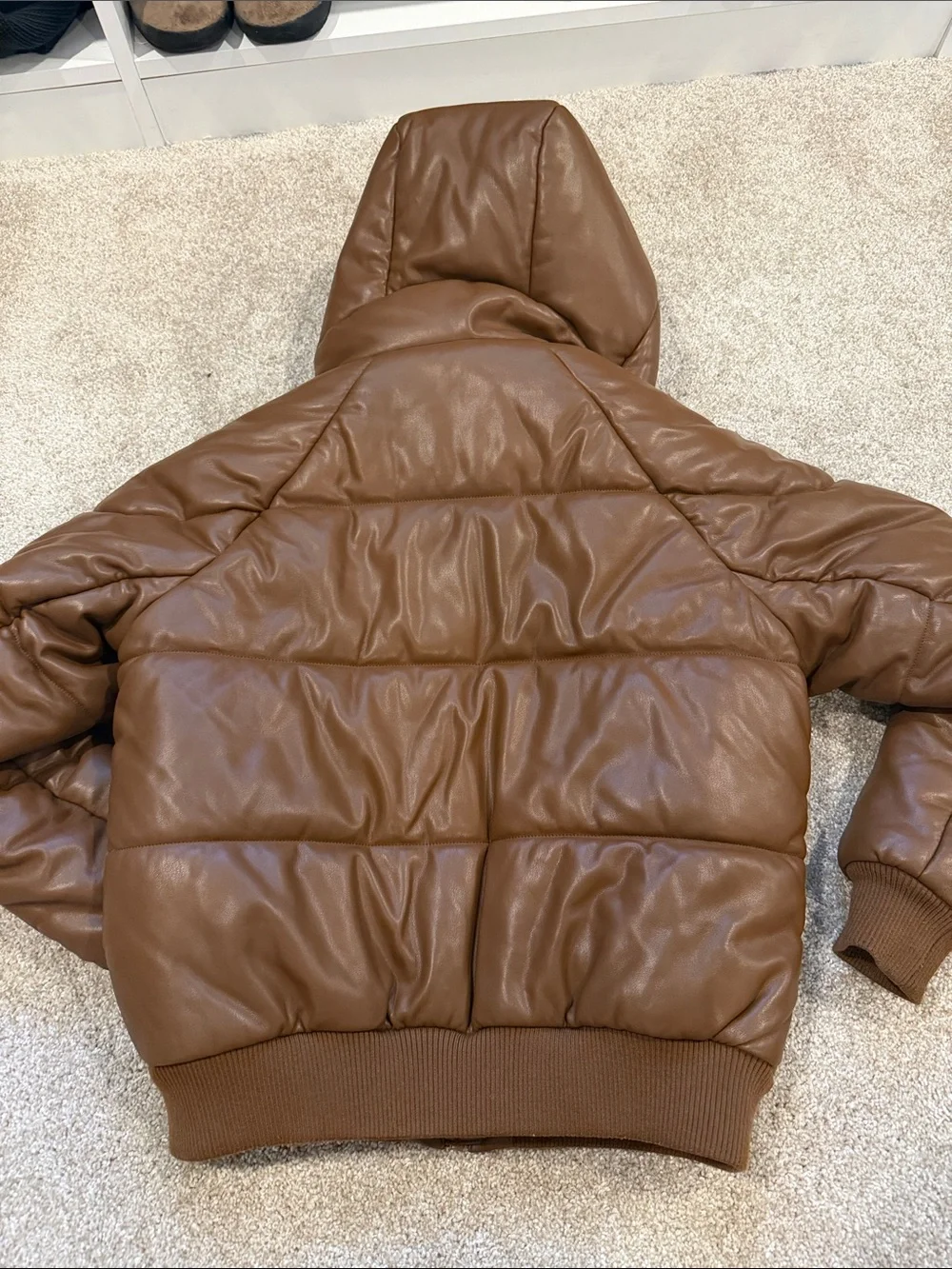 ALO Yoga Boss Faux Leather Brown Hooded Puffer Jacket XS
